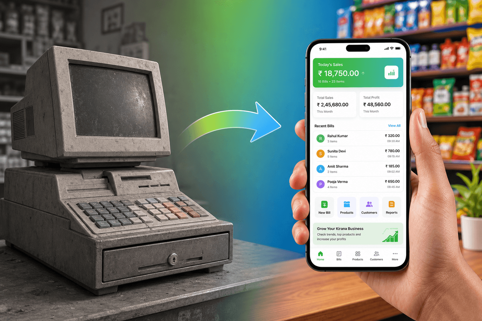 Old grey POS machine transforming into a colorful smartphone running Kirana Bijak
